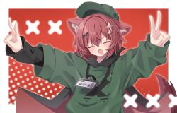 1girl :d ^_^ alternate_costume animal_ear_fluff animal_ears ash_(vrchat) beret black_cape blush border brown_hair cape closed_eyes double_v facing_viewer fang green_shirt hair_between_eyes hair_ornament hairclip hat highres hood hoodie id_card lanyard layered_sleeves long_sleeves open_mouth outstretched_arms puffy_long_sleeves puffy_sleeves red_background red_hair satoh_vrc shirt short_hair short_over_long_sleeves short_sleeves skin_fang smile solo star_(symbol) sweater tail upper_body v vrchat white_border x_hair_ornament