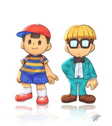 Rule 34 | 2boys, black bow, black bowtie, black hair, bow, bowl cut, bowtie, brown shoes, closed mouth, commentary request, glasses, green jacket, green pants, highres, jacket, jeff andonuts, male focus, mother (series), mother 2, multiple boys, ness (mother 2), nintendo, pants, red shoes, reflective floor, shirt, shoes, signature, simple background, smile, solid oval eyes, striped clothes, striped shirt, white background, yanedx