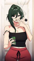 1girl ? asymmetrical_hair beer_can black_camisole camisole can cigarette collarbone commentary drink_can fingernails green_eyes green_hair hair_between_eyes hair_intakes highres holding holding_can holding_cigarette indoors looking_at_viewer original pants red_pants smoking solo speech_bubble spoken_question_mark sungwon symbol-only_commentary