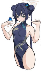 1girl absurdres black_dress black_eyes black_hair blue_archive breasts bug butterfly butterfly_on_hand china_dress chinese_clothes double_bun dress hair_bun halo highres insect kisaki_(blue_archive) long_hair looking_at_viewer sjtx2532 sleeveless sleeveless_dress small_breasts solo very_long_hair white_background