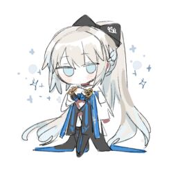 1girl black_bow blue_eyes bow braid fate/grand_order fate_(series) hair_between_eyes hair_bow half_up_braid long_hair looking_at_viewer morgan_le_fay_(fate) morgan_le_fay_(second_ascension)_(fate) okchun ponytail simple_background solo standing very_long_hair white_background white_hair