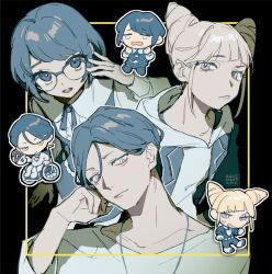 1boy 2girls :d adjusting_eyewear blonde_hair blue_eyes blue_hair blunt_bangs chibi chibi_inset closed_mouth collared_shirt commentary_request cone_hair_bun double_bun fukurai_azami glasses hair_bun hand_on_eyewear hand_on_own_cheek hand_on_own_face hand_up highres holding holding_mask jasmine_(toshi_densetsu_kaitai_center) jewelry jumpsuit kutako_(kutako138) limited_palette long_sleeves looking_at_viewer mask meguriya_ayumu multiple_girls necklace open_mouth puffy_sleeves shirt short_hair sitting smile swept_bangs tears toshi_densetsu_kaitai_center upper_body wheelchair white_shirt