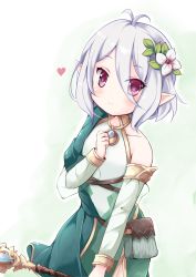 1girl antenna_hair bare_shoulders belt_pouch blush collared_dress commentary_request detached_sleeves dress female_focus flower green_dress hair_between_eyes hair_flower hair_ornament heart highres holding holding_wand kazura kokkoro_(princess_connect!) looking_at_viewer pointy_ears pouch princess_connect! red_eyes see-through_clothes see-through_sleeves short_hair silver_hair simple_background smile solo split_mouth wand white_background