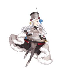 1girl black_gloves blue_bow blue_ribbon bow breasts cannon clothes_lift drill_hair drill_sidelocks female_focus full_body fur_trim gloves grey_pantyhose grey_shirt grey_skirt hair_ribbon hat juliet_sleeves knees_together_feet_apart laughing long_hair long_sleeves looking_at_viewer machinery mole mole_under_mouth novgorod_(warship_girls_r) official_art ojou-sama_pose open_mouth pantyhose pink_eyes platform_shoes puffy_sleeves ribbon saru shirt shoes sidelocks skirt skirt_hold skirt_lift smokestack solo standing transparent_background warship_girls_r white_hair white_shoes yellow_bow yellow_ribbon