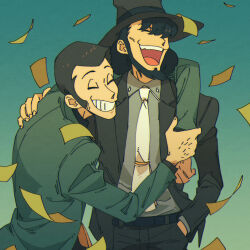 2boys arm_around_shoulder arsene_lupin_iii beard belt black_belt black_jacket black_pants black_suit collared_shirt facial_hair fedora formal_clothes green_jacket grey_shirt grin hair_over_one_eye hand_in_pocket hand_on_another&#039;s_shoulder hand_on_own_wrist hat hug jacket jigen_daisuke laughing lupin_iii male_focus medium_hair mino_(mino_cat) multiple_boys necktie pants shirt short_hair sideburns smile suit white_necktie wing_collar