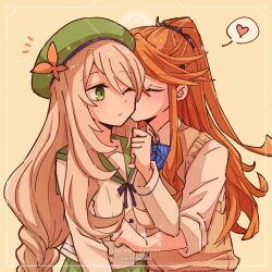 2girls ;o alonemistrist braid celine_(fire_emblem) closed_eyes commentary commission english_commentary etie_(fire_emblem) fire_emblem fire_emblem_engage green_hat green_sailor_collar hair_between_eyes hat heart highres kiss long_hair long_sleeves looking_at_another multiple_girls nintendo official_alternate_costume one_eye_closed open_mouth ponytail sailor_collar spoken_heart sweater_vest swept_bangs twitter_username upper_body yuri