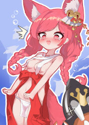 Rule 34 | 1girl, ^^^, animal ear fluff, animal ears, astral party, bell, blush, braid, breast curtains, breasts, bubble, covered erect nipples, crab, embarrassed, eyeshadow, fox ears, fox girl, fox tail, groin, hair ornament, hakama, hakama skirt, japanese clothes, loincloth, long hair, looking down, makeup, miko, navel, nose blush, pelvic curtain, pink eyes, pink hair, red eyeshadow, revealing clothes, simple background, skirt, skirt hold, sleeveless, small breasts, surprised, sweatdrop, tail, tearing up, tears, teru (astral party), twin braids, yig yuki (yig-gha)