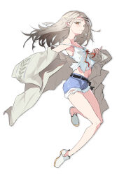 1girl absurdres bare_legs blonde_hair breasts camisole colored_eyelashes crop_top denim denim_shorts full_body gakuen_idolmaster gradient_hair grey_hair highres idolmaster long_hair looking_at_viewer multicolored_hair orange_eyes robe rope_belt roro1515 shinosawa_hiro shoes short_shorts shorts simple_background small_breasts solo white_background white_camisole white_robe white_shoes