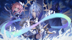 absurdres aglaea_(honkai:_star_rail) anaxa_(honkai:_star_rail) antenna_hair aqinorz armor artist_name bare_shoulders black_choker black_cloak blue_eyes castorice_(honkai:_star_rail) ceremonial_blade_(honkai:_star_rail) choker chrysos_heirs_(honkai:_star_rail) cipher_(honkai:_star_rail) cloak coat crescent_sword cyrene_(honkai:_star_rail) dawnmaker_(honkai:_star_rail) hair_between_eyes hair_ornament heterochromia highres holding holding_sword holding_weapon honkai:_star_rail honkai_(series) hyacine_(honkai:_star_rail) little_ica_(honkai:_star_rail) looking_at_viewer multiple_boys multiple_girls mydei_(honkai:_star_rail) phainon_(honkai:_star_rail) pink_hair purple_coat shoulder_armor smile sword trianne_(honkai:_star_rail) tribbie_(honkai:_star_rail) trinnon_(honkai:_star_rail) upper_body weapon wheat white_hair