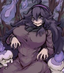 1girl @_@ ahoge breasts covered_navel dress fire forest gen_5_pokemon ghost_pose hairband hands_up hex_maniac_(pokemon) highres huge_ahoge huge_breasts litwick long_hair long_sleeves messy_hair nature nintendo open_mouth pokemon pokemon_(creature) pokemon_xy purple_dress purple_eyes purple_fire purple_hair purple_hairband saltyshorks sketch smile solo tree will-o&#039;-the-wisp_(mythology)