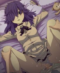 1girl black_eyes breasts censored clothed_sex clothing_aside commentary_request creepy_mita_(miside) jacket jaggy_lines long_hair long_sleeves lying medium_breasts miniskirt miside missionary mita_(miside) mosaic_censoring nail_polish on_back on_bed panties panties_aside parted_lips penis pleated_skirt pov purple_hair purple_nails pussy sex skirt solo_focus stuffed_animal stuffed_toy teddy_bear tomu_(tomubobu) underwear vaginal white_jacket white_panties white_skirt