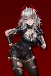 1girl absurdres antennae arknights black_gloves black_pantyhose black_shirt black_shorts fingerless_gloves gloves grey_hair grin hand_on_own_chest hand_on_own_hip highres horns long_hair looking_at_viewer nail_polish pantyhose pantyhose_under_shorts puffy_short_sleeves puffy_sleeves red_background red_nails reeper_gtr shirt short_shorts short_sleeves shorts simple_background smile solo torn_clothes torn_pantyhose w_(arknights) wis&#039;adel_(arknights) wis&#039;adel_(supernova)_(arknights) yellow_eyes