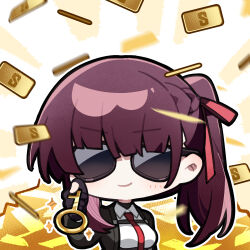 Rule 34 | 1girl, artist request, black gloves, black jacket, blush, chibi, chibi only, chinese commentary, falling money, girls&#039; frontline, girls&#039; frontline 2: exilium, gloves, gold, holding, holding key, jacket, key, makiatto (girls&#039; frontline 2), necktie, official art, purple hair, red necktie, second-party source, shirt, side ponytail, smile, solo, sparkle, sunglasses, wa2000 (girls&#039; frontline), white shirt
