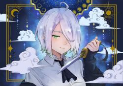 Rule 34 | 1girl, abstract background, ahoge, ascot, black ascot, black cardigan, blue background, border, cardigan, clenched hand, cloud, collared shirt, commentary request, commission, constellation, constellation print, crescent, dress shirt, gold border, green eyes, hair over one eye, half-closed eye, hand up, holding, holding knife, inset border, ito yoshi, knife, light blush, long bangs, moon phases, one eye covered, open cardigan, open clothes, original, ornate border, parted bangs, profile, reverse grip, shirt, short hair, short sword, skeb commission, sleeves past wrists, solo, star (symbol), sun symbol, sweater, sword, tantou, weapon, white hair, white shirt