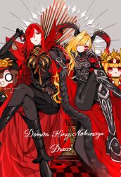 2girls armor armored_bodysuit armored_boots black_armor black_bodysuit black_gloves black_horns blonde_hair bodysuit boots breasts buster_shirt cape chain character_doll character_name checkered_floor collared_cape commentary crest crossed_legs doll dragon_horns facial_mark family_crest fate/grand_order fate_(series) fur-trimmed_cape fur_trim gloves grey_background hair_over_one_eye highres horns large_breasts long_hair long_horns looking_at_viewer medallion mini_nobu_(fate) multiple_girls nero_claudius_(fate) oda_nobunaga_(fate) oda_nobunaga_(maou_avenger)_(fate) oda_uri one_eye_covered pantyhose pointy_ears popped_collar pteruges queen_draco_(fate) queen_draco_(third_ascension)_(fate) red_cape red_eyes red_hair red_scales shoulder_plates sitting small_breasts smile tight_top twitter_username very_long_hair wavy_hair yui_(tamagohan)