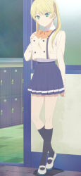 1girl anime_screenshot black_socks blazer blonde_hair blue_skirt bow bowtie breasts closed_mouth collared_shirt dot_nose female_focus green_eyes highres hoshizaki_rika_(kanojo_mo_kanojo) jacket kanojo_mo_kanojo large_breasts legs long_hair long_sleeves miniskirt orange_bow orange_bowtie pleated_skirt school_uniform shirt shirt_tucked_in shoes skirt socks solo solo_focus stitched thighs third-party_edit twintails white_shirt white_shoes