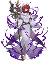 1girl aura barefoot breasts dark_aura fire_emblem fire_emblem:_mystery_of_the_emblem fire_emblem_heroes highres holding holding_staff lena_(fire_emblem) medium_breasts nintendo non-web_source nun official_alternate_costume official_art possessed red_eyes red_hair robe solo staff white_robe