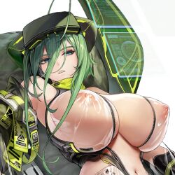 1girl ahoge bare_shoulders blue_eyes bodysuit breasts clothing_cutout covered_erect_nipples detached_sleeves female_focus game_cg green_hair hair_between_eyes hair_tuft headgear high_collar holographic_interface huge_ahoge huge_breasts last_origin lemonade_epsilon long_hair looking_at_object navel nipples official_art open_clothes open_mouth ren._(ren.ko) revealing_clothes see-through_bodysuit see-through_clothes shiny_clothes sitting skindentation teeth transparent_background unzipped upper_body