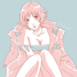 Rule 34 | 1girl, allie (united f), blue background, borrowed clothes, breasts, cleavage, coat, devil may cry, devil may cry (series), devil may cry 3, green eyes, heterochromia, jewelry, lady (devil may cry), looking at viewer, necklace, parted lips, red coat, red eyes, scar, scar on face, scar on nose, simple background