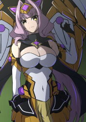 Rule 34 | 1girl, absurdres, aoi tabane, azarin (kouyoku senki exs-tia), black gloves, breasts, cleavage, cleavage cutout, clothing cutout, cosplay, covered navel, elbow gloves, exs-tia magica, gloves, hair intakes, head tilt, headgear, highres, kouyoku senki exs-tia, large breasts, long hair, looking at viewer, magical girl, mechanical wings, purple hair, skirt, solo, very long hair, wings, yellow eyes