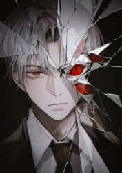 Rule 34 | 1boy, black background, black jacket, black necktie, black suit, broken glass, broken mirror, closed mouth, collared shirt, crack, cracked glass, different reflection, formal clothes, glass, gwechul, highres, jacket, korean commentary, lee jaheon, looking at viewer, male focus, mirror, monster, necktie, parted bangs, portrait, red eyes, reflection, shirt, short hair, simple background, solo, suit, white hair, white shirt, young57440489