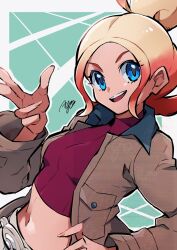 1girl :d ayo_(ayosanri009) belt blonde_hair blue_eyes breasts brown_jacket cowboy_shot crop_top gradient_hair hair_bun hand_on_own_hip hand_up highres jacket long_sleeves looking_at_viewer medium_breasts midriff multicolored_hair navel nintendo open_clothes open_jacket open_mouth parted_bangs pink_hair pokemon pokemon_legends:_z-a red_shirt ribbed_shirt shirt shorts sidelocks signature smile solo standing taunie_(pokemon) teeth turtleneck turtleneck_shirt upper_teeth_only watermark white_belt white_shorts