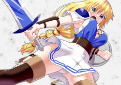 Rule 34 | 1girl, armor, asymmetrical dual wielding, blonde hair, blue eyes, boots, breasts, brown boots, dual wielding, highres, holding, holding shield, holding sword, holding weapon, long hair, looking at viewer, looking down, medium breasts, open clothes, panties, pantyshot, shield, shoulder armor, skirt, solo, sophitia alexandra, soul calibur, sword, thigh boots, toku sonchou, underwear, weapon, white background, white panties, white skirt