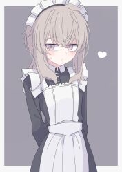 Rule 34 | 1girl, :/, alternate costume, apron, arms behind back, black dress, commentary, cowboy shot, dress, english commentary, frilled apron, frills, girls&#039; frontline, grey background, grey eyes, grey hair, heart, highres, jitome, light frown, long sleeves, looking at viewer, m200 (girls&#039; frontline), maid, maid headdress, short hair with long locks, sidelocks, simple background, small sweatdrop, solo, tkugane, white apron