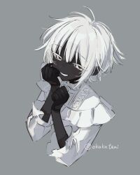 1other black_gloves blush cochacobi commentary cropped_torso dark_skin dress frills glove_cutout gloves grey_background grin hands_up highres looking_at_viewer original short_hair simple_background smile solo symbol-only_commentary twitter_username upper_body very_dark_skin white_dress white_eyes white_hair