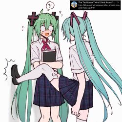 2girls animal_ear_legwear aqua_hair cat_ear_legwear confessions_of_a_rotten_girl_(vocaloid) cross_hair_ornament dual_persona foot_kabedon glasses hair_ornament hatsune_miku highres kabedon long_hair mimukauwa_nice_try_(vocaloid) multiple_girls open_mouth school_uniform selfcest shirt simple_background skirt thighhighs twintails vocaloid white_shirt white_thighhighs xom0meku yuri