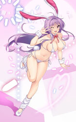 Rule 34 | 1girl, :3, ahoge, animal ears, armpit crease, bare shoulders, bikini, blush, bow, bowtie, breasts, bullet, cleavage, collar, collarbone, cube, danmaku, detached collar, earrings, floating hair, groin, hataraki kuma, high heels, highres, imperishable night, jewelry, large breasts, leg warmers, long hair, looking at viewer, micro bikini, navel, nontraditional playboy bunny, one eye closed, open mouth, pink background, playboy bunny bikini, purple hair, rabbit ears, rabbit girl, rabbit tail, red bow, red eyes, reisen udongein inaba, side-tie bikini bottom, sidelocks, smile, solo, standing, standing on one leg, string bikini, stud earrings, swimsuit, tail, thighs, touhou, very long hair, w, white bikini, white collar, white footwear, white leg warmers, wrist cuffs