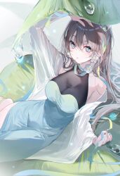 1girl aqua_eyes arm_up bare_shoulders breasts brown_hair cape cleavage cowboy_shot dress elbow_rest from_above hair_between_eyes halter_dress halterneck highres leaf long_hair lying miwano_rag on_side original parted_lips see-through_clothes side_slit solo water_drop