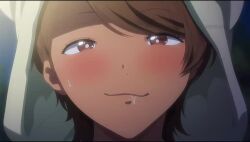 1girl animal_hood animated brown_eyes brown_hair drooling green_hoodie highres hood hood_up hoodie in_heat katou_mio_(seika_jogakuin_kounin_sao_ojisan) licking_lips looking_at_viewer naughty_face night outdoors park seika_jogakuin_kounin_sao_ojisan smile sound tagme tongue tongue_out video
