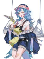 1girl absurdres animal_ears apron arknights baseball_cap belt binder_clip bird_ears bird_girl bird_tail black_belt blue_hair blue_jacket blue_shorts cowboy_shot gloves hat highres holding holding_paintbrush jacket jewelry jiuxiaoshi long_hair long_sleeves looking_at_viewer multicolored_hair necklace open_mouth oversized_jacket paint_on_body paint_on_clothes paintbrush pink_hair pulley shirt short_sleeves shorts sidelocks simple_background sleeve_zipper solo tail tippi_(arknights) two-tone_hair white_background white_shirt wire yellow_apron yellow_eyes yellow_gloves