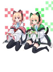 2girls :q absurdres animal_ear_headphones animal_ears black_shorts black_skirt black_thighhighs blonde_hair blue_archive blue_necktie blush bow closed_mouth collared_shirt commentary_request controller dress_shirt fake_animal_ears game_controller green_bow hair_bow headphones highres holding jacket long_sleeves midori_(blue_archive) momoi_(blue_archive) multiple_girls necktie no_shoes off_shoulder red_bow sang_yuchen shirt short_necktie shorts siblings sidelocks sisters skirt smile tail thighhighs tongue tongue_out twins v-shaped_eyebrows white_background white_jacket white_shirt wide_sleeves