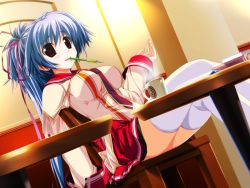 1girl blue_hair book brown_eyes coffee crossed_legs cup dutch_angle female_focus game_cg long_hair mitsumine_minato mouth_hold mug non-web_source oshiki_hitoshi pen ponytail ribbon school_uniform sitting solo suzunone_seven thighhighs white_thighhighs