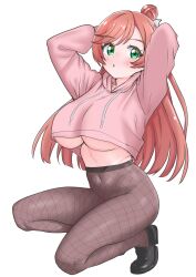 1girl absurdres arms_behind_head black_shoes breasts commentary cropped_hoodie drawstring full_body green_eyes grey_pantyhose hair_bun hair_ribbon highres hirogaru_sky!_precure hood hood_down hoodie large_breasts loafers long_hair long_sleeves looking_at_viewer navel nijigaoka_mashiro no_bra no_panties no_pants pantyhose parted_lips pink_hair precure ribbon shoes simple_background single_hair_bun skymashiro solo squatting white_background white_ribbon