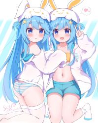 2girls :d :o animal_ear_headwear animal_hat ass bare_shoulders bemani bikini bikini_top_only blue_eyes blue_hair blue_panties blue_shorts blush collarbone dated diagonal-striped_background fake_animal_ears fang hair_between_eyes hair_ornament hands_up hat heart hood hood_down hooded_jacket jacket kneeling knees_together_feet_apart long_hair long_sleeves looking_at_viewer multiple_girls navel near_(sound_voltex) no_pants no_shoes noah_(sound_voltex) open_clothes open_jacket open_mouth panties rabbit_ears short_eyebrows short_shorts shorts sichuan_luo_li signature skin_fang sleeves_past_fingers sleeves_past_wrists smile socks sound_voltex spoken_heart star_(symbol) star_hair_ornament straight_hair striped_background striped_clothes striped_panties swept_bangs swimsuit thick_eyebrows thighhighs two_side_up underwear v very_long_hair white_hat white_jacket white_panties white_socks white_thighhighs yellow_bikini