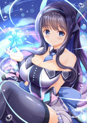 1girl bare_shoulders between_breasts black_hair black_hairband black_sleeves blue_eyes blue_necktie blush breasts cleavage closed_mouth collar detached_collar detached_sleeves dress feet_out_of_frame frilled_dress frills glowing hairband hand_up highres knee_up large_breasts long_hair long_sleeves looking_at_viewer misumi_aoi necktie necktie_between_breasts off-shoulder_dress off_shoulder ongeki smile solo star_(symbol) thighhighs very_long_hair white_collar white_dress wing_collar xenon_(for_achieve)