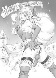 1futa absurdres aian anal blonde_hair boots breasts butt_plug christmas elbow_gloves english_text fishnets futa_without_pussy futanari gloves greyscale hat highres holding holding_sack looking_at_viewer looking_back medium_breasts microskirt monochrome original outdoors penis sack santa_hat sex_toy skirt smile solo testicles thigh_boots