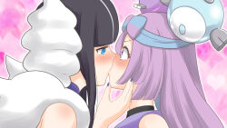 2girls black_hair blue_eyes blue_hair blush bow-shaped_hair character_hair_ornament commentary_request commission elesa_(pokemon) elesa_(sygna_suit)_(alt.)_(pokemon) eye_contact fake_hair_bun from_side hair_ornament hand_on_another&#039;s_chin heart heart_background highres iono_(pokemon) iono_(sygna_suit)_(pokemon) kiss kurosawa_karura long_hair looking_at_another multicolored_hair multiple_girls nintendo official_alternate_costume pink_background pink_hair pixiv_commission pokemon pokemon_masters_ex purple_eyes purple_nails split-color_hair surprise_kiss surprised two-tone_hair yuri