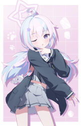 1girl absurdres ahoge black_jacket blue_archive blue_hair blush border checkered_background commentary_request double_v grey_shirt grey_skirt hair_ornament halo highres jacket long_sleeves looking_at_viewer low_twintails midriff_peek one_eye_closed open_clothes open_jacket parted_lips pink_background pink_hair pink_halo pleated_skirt purple_eyes red_pupils reisa_(blue_archive) school_uniform shirt skirt solo star_(symbol) star_hair_ornament twintails ula_cabbage v white_border