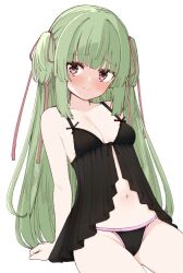 1girl alternate_costume arm_support arms_behind_back babydoll bare_shoulders black_babydoll black_panties blunt_bangs blunt_ends blush breasts c: cleavage clenched_hand closed_mouth commentary_request commission cowboy_shot furrowed_brow green_hair groin hair_ribbon hime_cut long_hair long_ribbon looking_at_viewer murasame_(senren) navel panties petite red_eyes red_ribbon ribbon sanpaku senren_banka sidelocks simple_background sitting small_breasts smile solo spaghetti_strap straight_hair tft_(tft7822) tsurime two_side_up underwear underwear_only very_long_hair white_background
