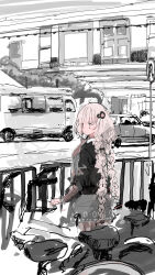 1girl alternate_eye_color bicycle black_jacket bracelet braid bus car city closed_mouth commentary_request day dress from_behind grey_dress hair_ornament hand_up highres holding holding_phone jacket jewelry kabuyama_kaigi kizuna_akari long_hair long_sleeves looking_to_the_side low_twin_braids monochrome_background motor_vehicle outdoors partially_colored phone pink_eyes power_lines railing road_sign short_dress sign solo standing talking_on_phone twin_braids urban vocaloid voiceroid white_hair