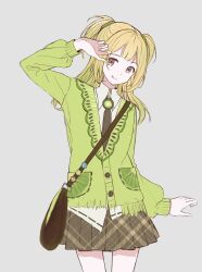 1girl :d bag blonde_hair blunt_bangs brown_bag brown_eyes brown_necktie brown_skirt closed_mouth collared_shirt colored_tips cowboy_shot denim dot_nose flat_color food food_print fruit fruit_print green_hair green_jacket grey_background gyaru hair_tie hand_up happy head_tilt highres jacket jeans kiwi_(fruit) kiwi_journey_(shining_nikki) kiwi_print kiwi_slice long_hair long_sleeves looking_at_viewer miniskirt multicolored_hair necktie nikki_(series) open_mouth pants plaid_clothes plaid_skirt pleated_skirt puffy_long_sleeves puffy_sleeves ribbon-trimmed_shirt ribbon_trim shining_nikki shirt shoulder_bag simple_background skirt smile solo standing sweater_jacket tareme tie_clip tongue tongue_out torn_clothes torn_jeans torn_pants two-tone_hair two_side_up v-neck white_shirt youyidianqingming