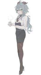 Rule 34 | 1girl, alternate costume, black necktie, black pantyhose, black shoes, blue hair, blush, clipboard, collared shirt, cup, dress shirt, formal clothes, from side, ganyu (genshin impact), genshin impact, goat horns, high heels, highres, holding, holding clipboard, holding cup, horns, le (szs0k), light smile, long sleeves, looking at viewer, necktie, office lady, pantyhose, pencil skirt, shirt, shirt tucked in, shoes, skirt, white background