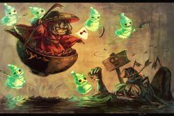 2girls bowl bug fly ghost hat bug japanese_clothes kimono koto_inari little_green_men long_hair mononobe_no_futo multiple_girls musical_note needle obi ponytail purple_hair red_eyes sash short_hair sign silver_hair skull smile spoken_musical_note sukuna_shinmyoumaru tate_eboshi touhou