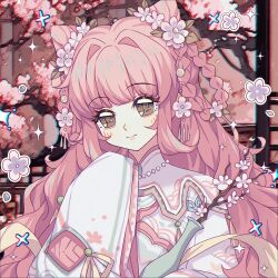 1girl absurdres artist_request blunt_bangs braid braided_hair_rings brown_eyes cherry_blossoms chinese_clothes chinese_commentary closed_mouth commentary_request cone_hair_bun double_bun eyelashes floral_print flower hair_bun hair_flower hair_intakes hair_ornament hair_rings hand_up hanfu happy highres holding_vase indoors lattice leaf light_blush lipstick long_hair long_sleeves makeup mandarin_collar miracle_nikki nikki_(nikki) nikki_(series) pink_flower pink_hair pink_lips pointy_nose purple_flower ribbon second-party_source sleeve_ribbon sleeves_past_fingers sleeves_past_wrists smile solo sparkle tareme upper_body very_long_hair white_hanfu wide_sleeves yellow_ribbon