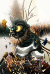 antennae bug compound_eyes drill_hand gem gem_on_head giant giant_monster glowing glowing_eyes glowing_gem godzilla_(series) godzilla_vs._megalon_(1973) highres horns insect_wings kaiju mandibles megalon monster motion_blur motion_lines no_humans no_pupils pov r-miminagi sparks toho wings yellow_eyes