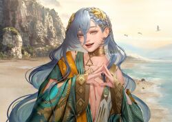 1girl 37_(reverse:1999) :d artist_name beach bird blue_eyes blue_hair blue_robe breasts cliff gezanium gold_choker hair_between_eyes hands_up highres laurel_crown long_hair looking_at_viewer no_bra ocean open_mouth outdoors own_hands_together plunging_neckline red_pupils reverse:1999 robe sand single_bare_shoulder single_off_shoulder sky small_breasts smile solo steepled_fingers teeth triangle_hands upper_body upper_teeth_only very_long_hair yellow_sky